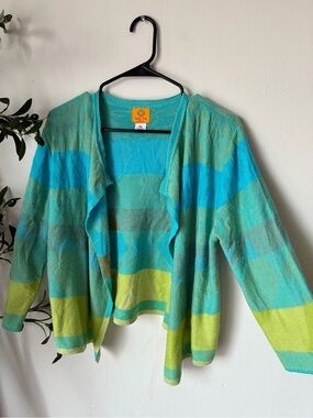 Ruby Rd. Turquoise, Teal & Lime Striped Open Cardigan